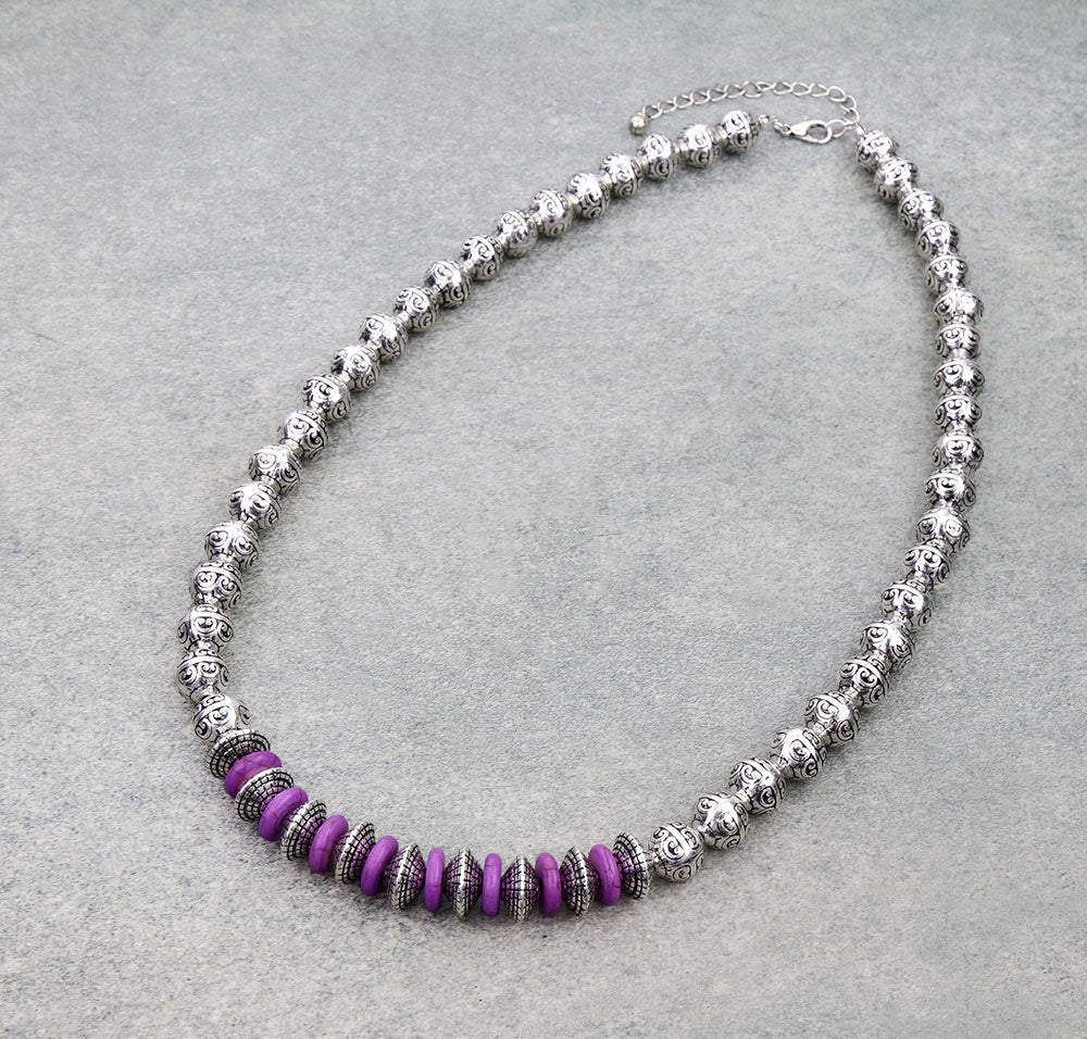 Banks Stamped Silver Bead Necklace With Stone Saucers - Purple