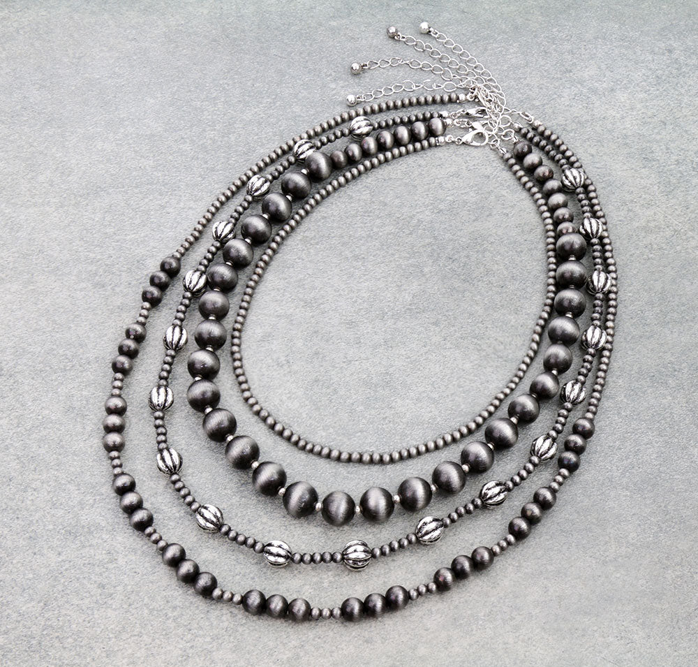 Bavarian 4 Layered Navajo Bead Necklace Set - Silver