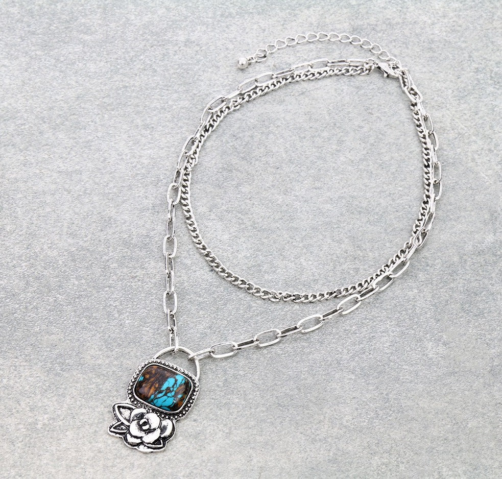 Rectangle Rose Double Layer Fashion Necklace - Turquoise