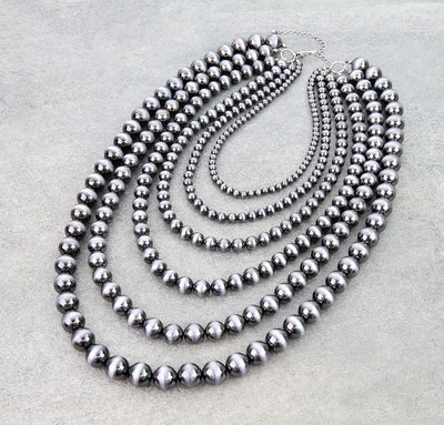 Luna Six Layer Fashion Navajo Bead Necklace - Silver