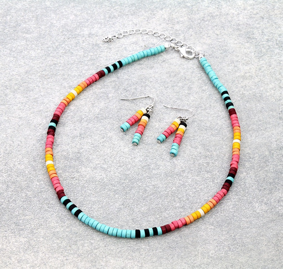 multi wood bead necklace turquoise earrings