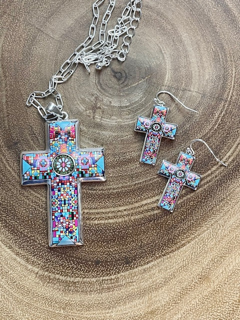 Stained Glass Cross Necklace or Earrings
