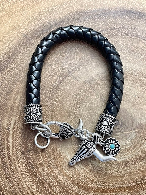 Grant Braided Leather Locket Steer Charm Bracelet