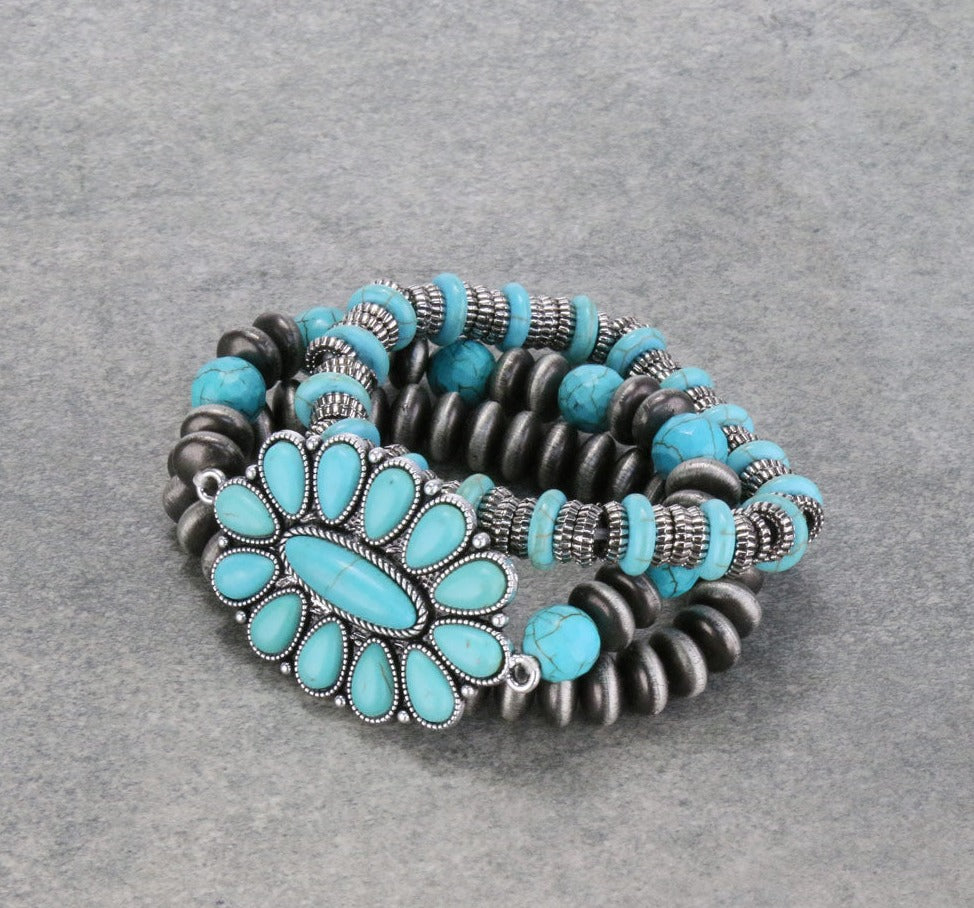 Fashion 3 Strand Silver & Turquoise Bead Bracelet Set With Cluster Concho