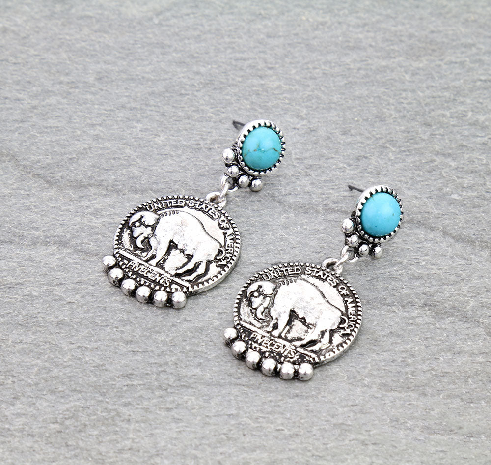 Blaine Stone Post Buffalo Coin Earrings - Turquoise