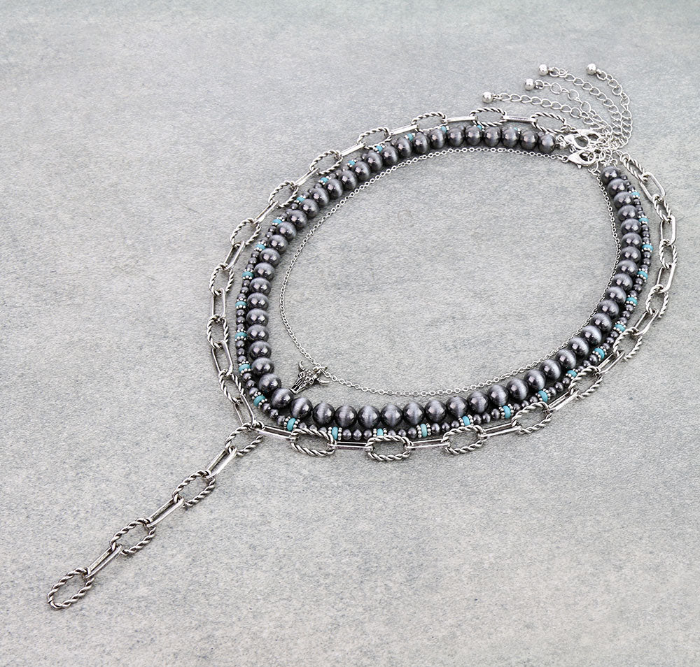 Acurit 4 Layer Steer Link Chain, Textured Paperclip & Navajo Y Necklace - Turquoise