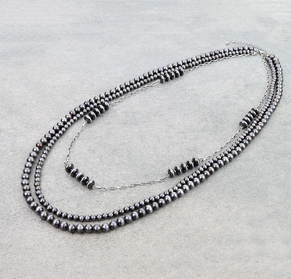Argona 3 Layer Fashion Navajo & Chain Necklace - Silver