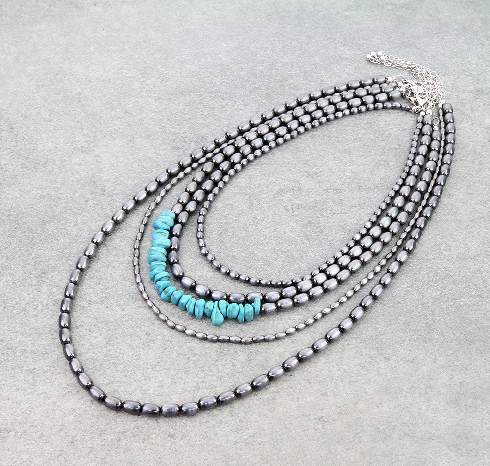 Aluma 5 Layer Cylinder Bead & Tumbled Stone Necklace - Turquoise