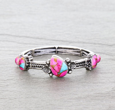Boston Flower & Stone Stretch Bracelet - Turquoise