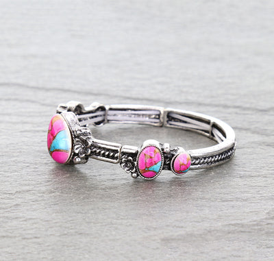 Boston Flower & Stone Stretch Bracelet - Turquoise
