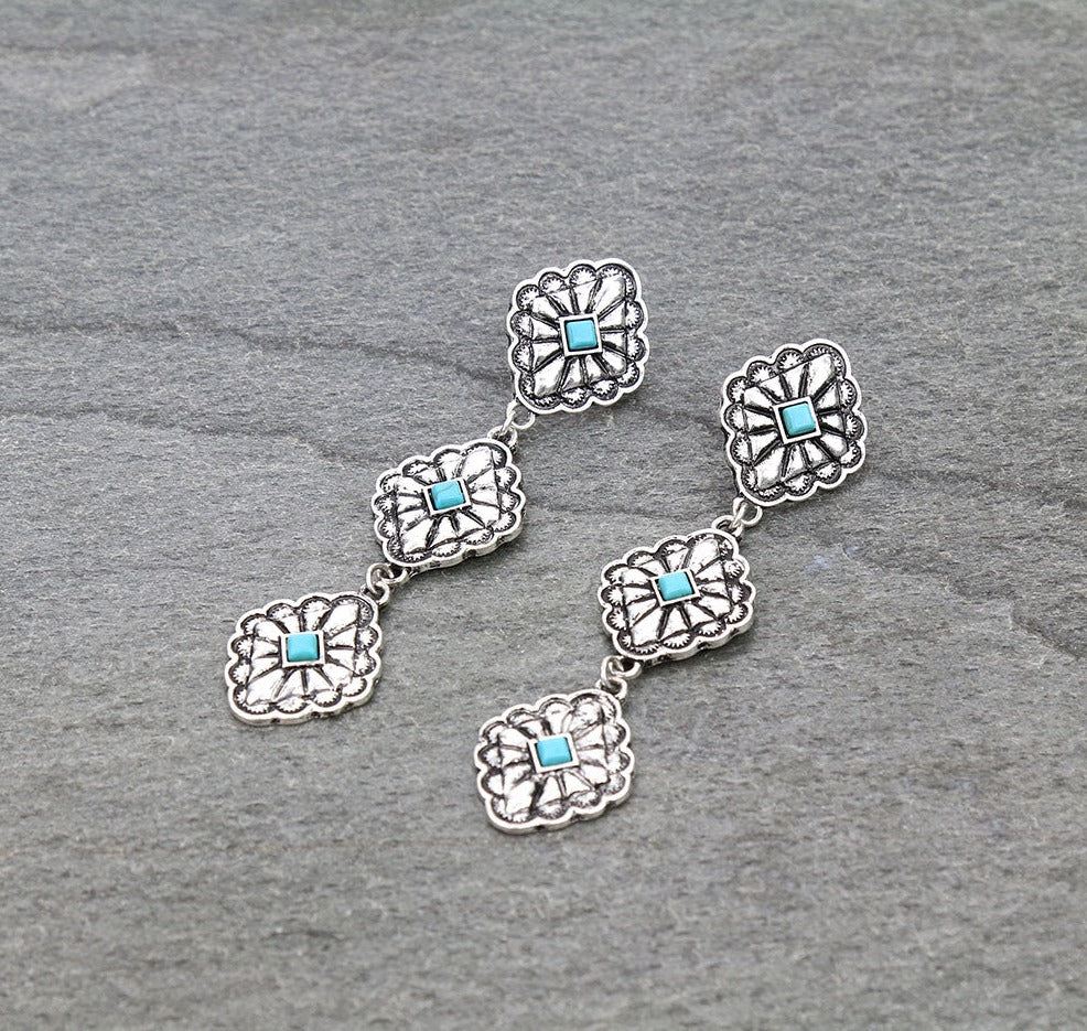 Overland Tri-Level Diamond Concho Earrings - 3.5"