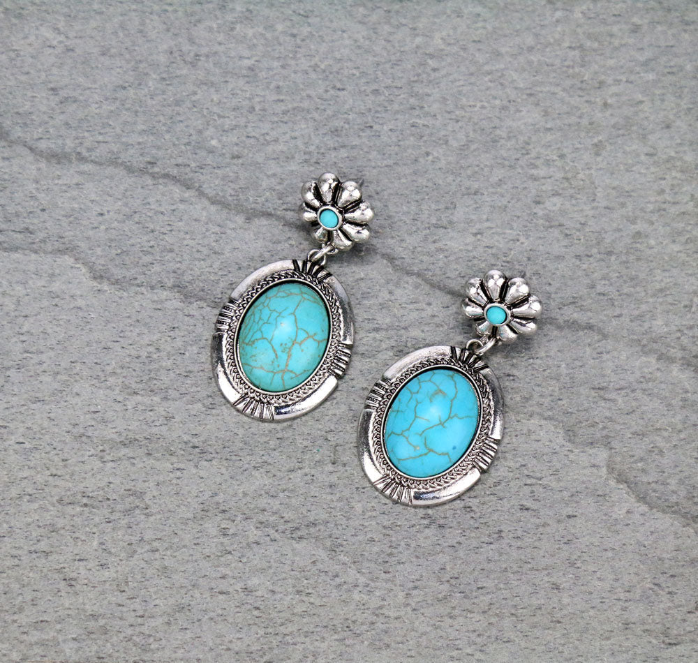 fashion silver flower post earrings with faux turquoise oval drop