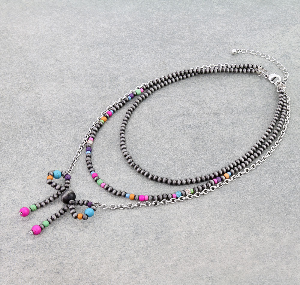 Havana 3 Layer Navajo, Multi Bead & Chain Bow Necklace - 18"