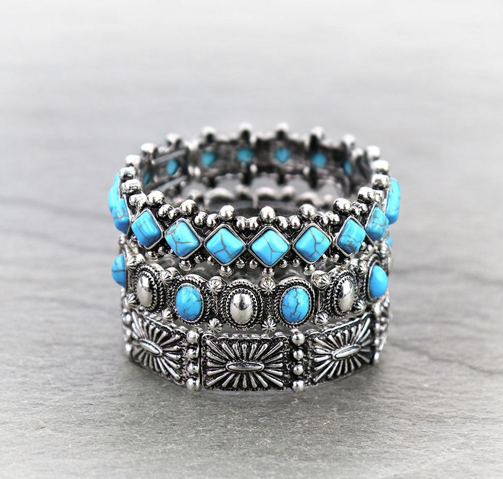 Los Alamos Rectangle Concho Stacking Stretch Bracelet Set - Turquoise