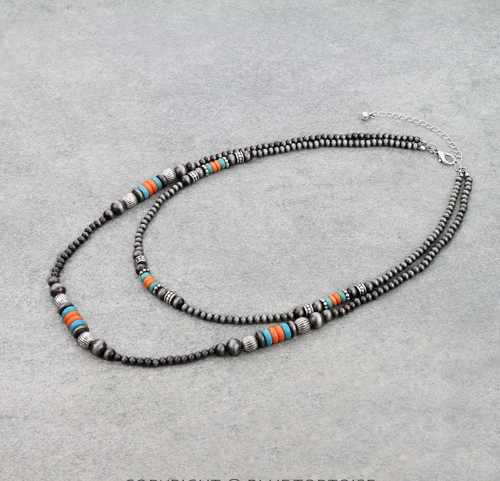 Lafayette Double Layer Navajo Necklace With Turquoise & Orange Saucers - 18"