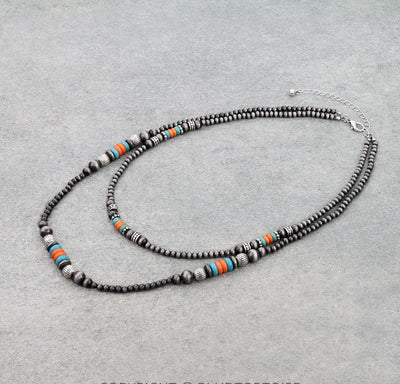 Lafayette Double Layer Navajo Necklace With Turquoise & Orange Saucers - 18"