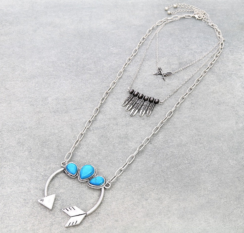 Bradford 3 Layer Chain Feather & Arrow Layered Necklace