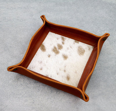 Brown leather tray with cowhide pattern