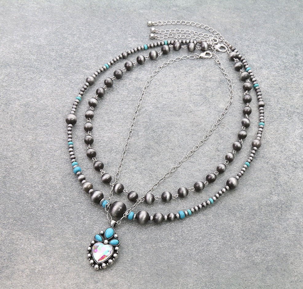 Brevard Rhinestone Navajo Chain & Bead Triple Strand Heart Necklace Set - Turquoise