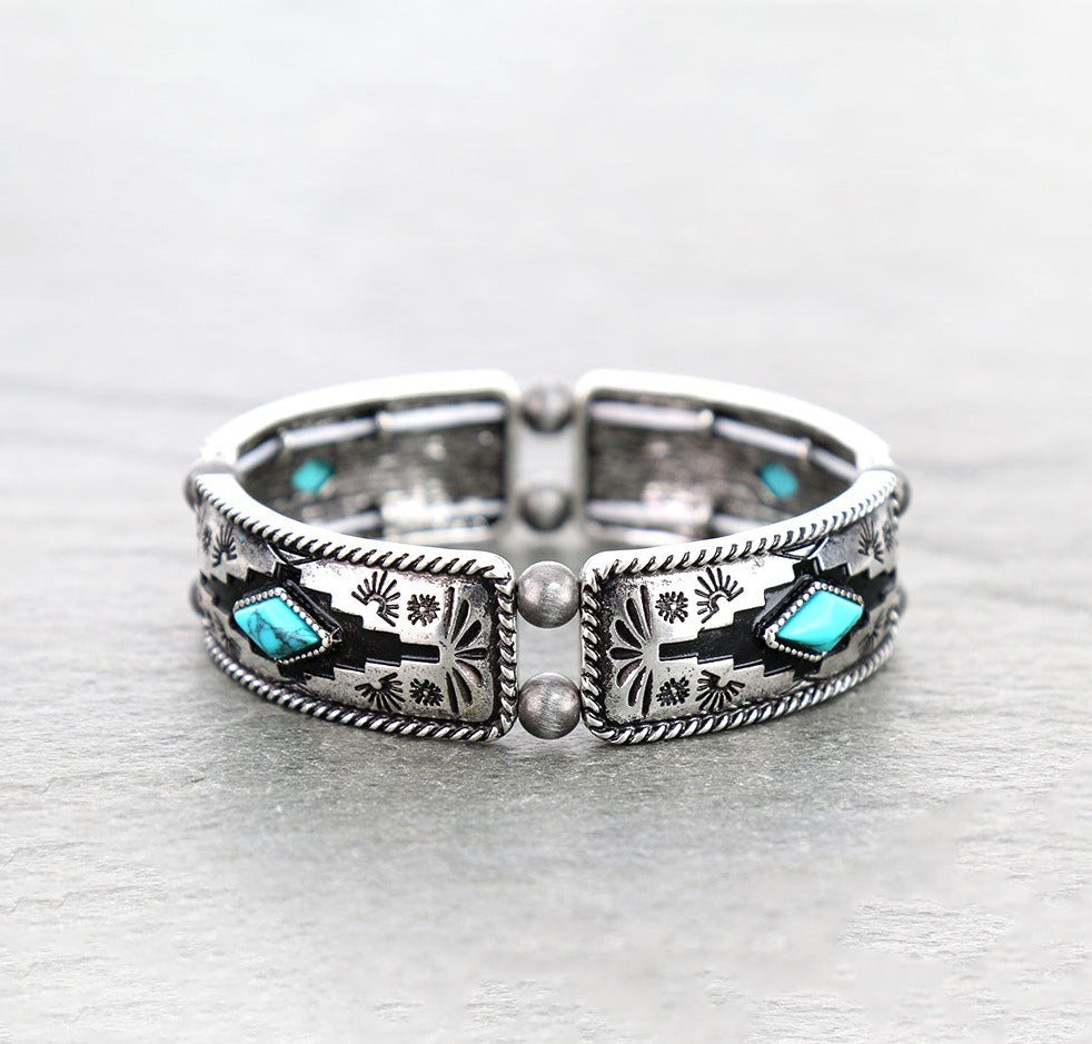 Blitz Aztec Dark Background Stretch Bracelet - Turquoise