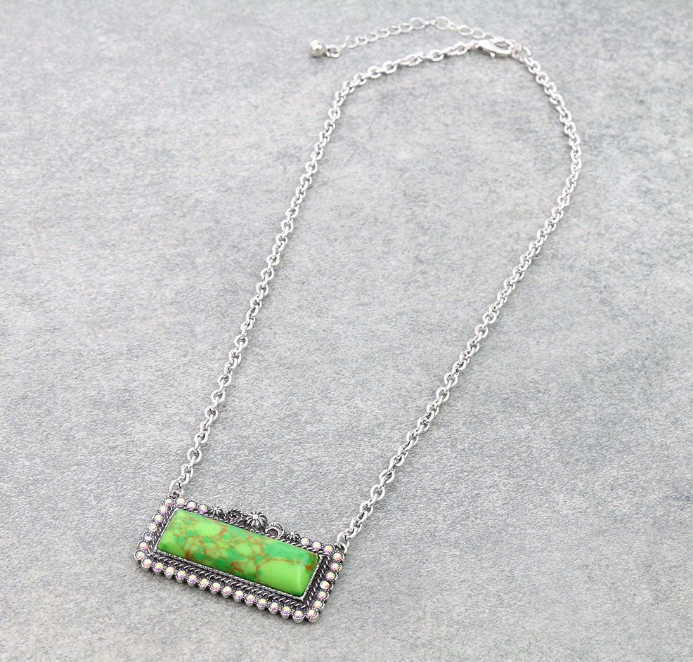 Lucky Girl Rhinestone Framed Bar Necklace - Green