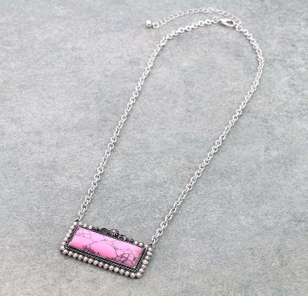 Rhinestone Framed Bar Necklace & Earrings - Pink