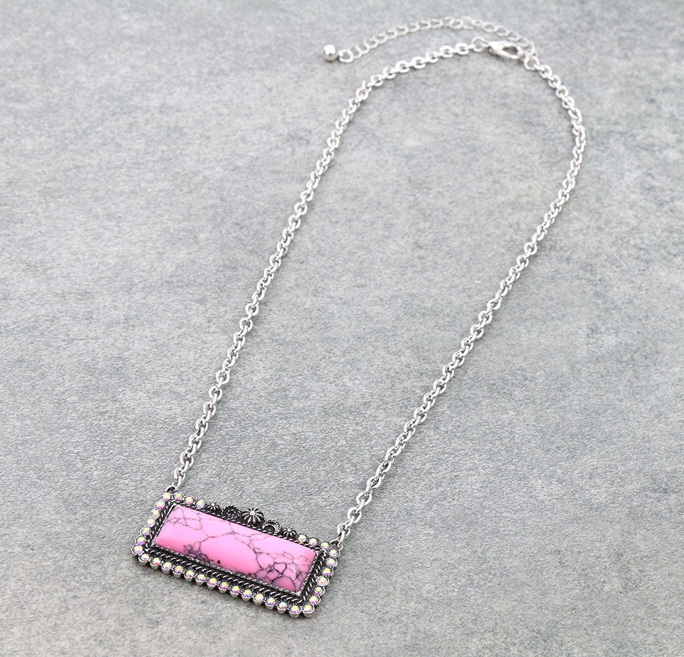 Rhinestone Framed Bar Necklace & Earrings - Pink