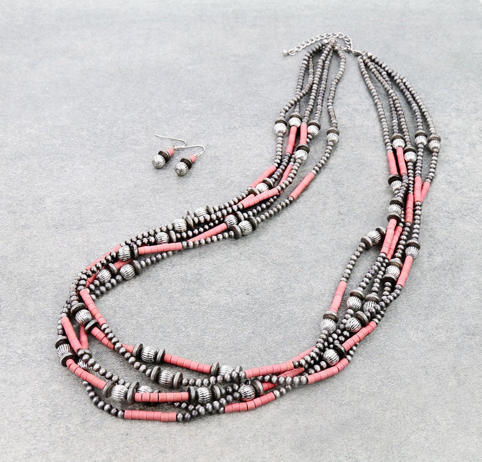 Coraline 5 Strand Fashion Beaded Varied Navajo Necklace & Earrings - Pink
