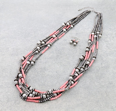 Coraline 5 Strand Fashion Beaded Varied Navajo Necklace & Earrings - Pink