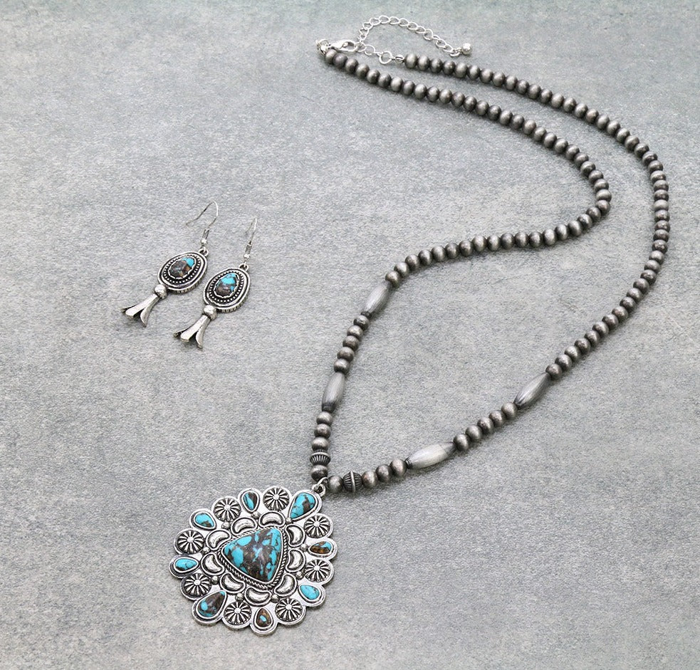 Aurora Fashion Navajo Cylinder Bead Necklace With Triangle Pendant or Flute Earrings - 28"