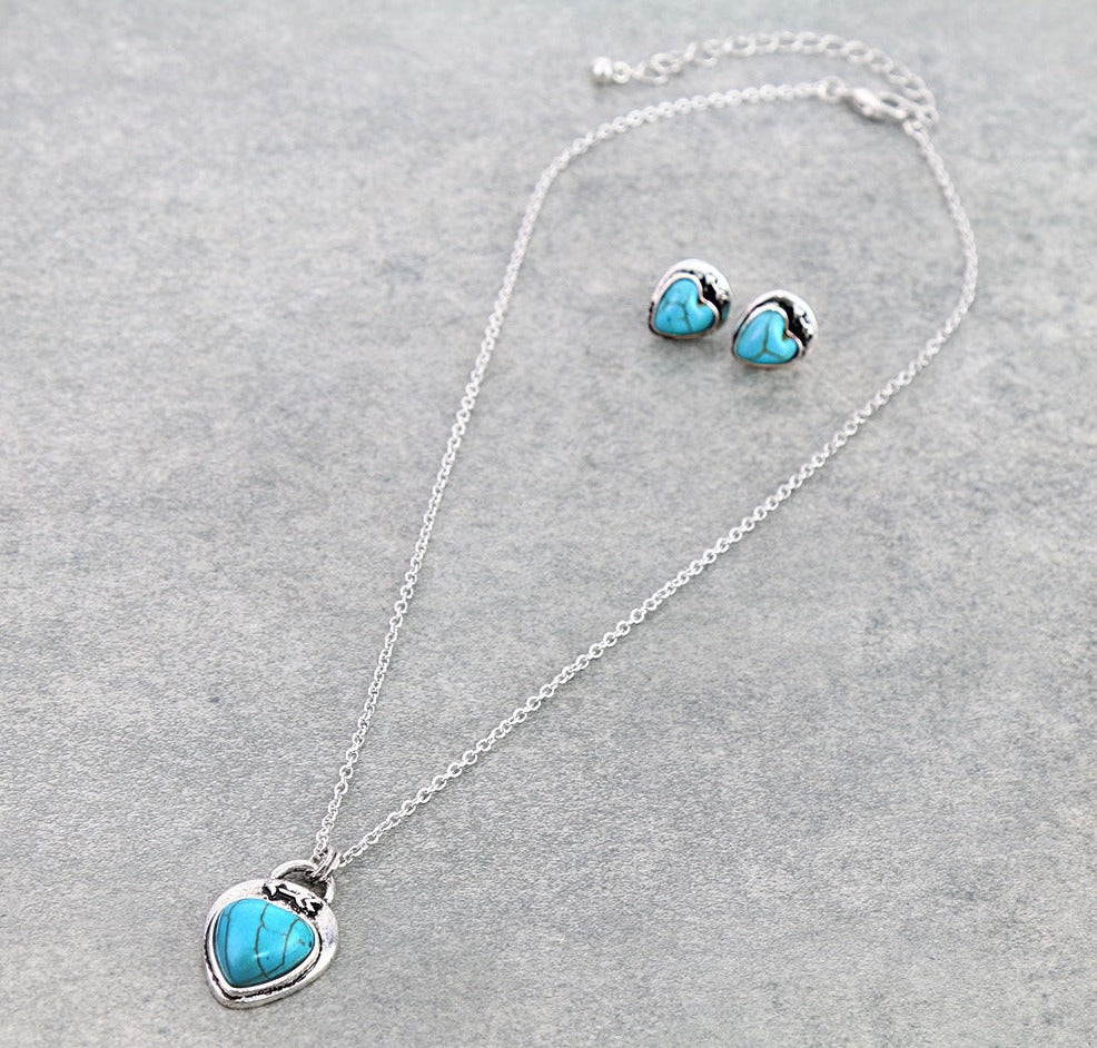Silver Arrow Stone Heart Necklace & Earrings - Turquoise & Pink