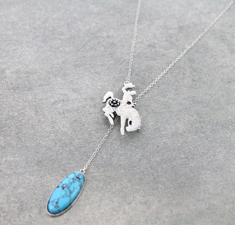 Daisy Silver Bronc Rider Oval Stone Lariat Necklace - Turquoise