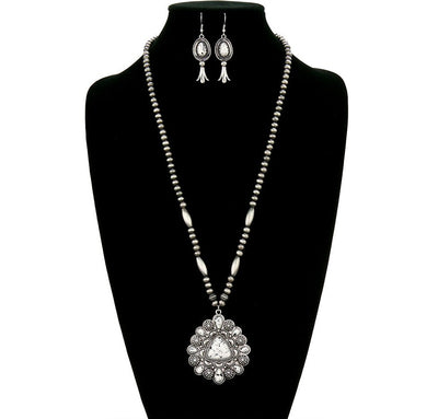 Aurora Fashion Navajo Cylinder Bead Necklace With Triangle Pendant & Flute Earrings - 28"