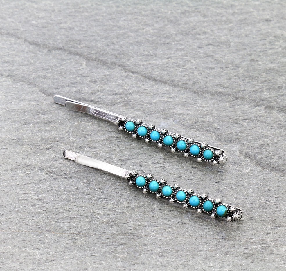 Phillips 7 Stone Silver Hair Pin Set - Turquoise