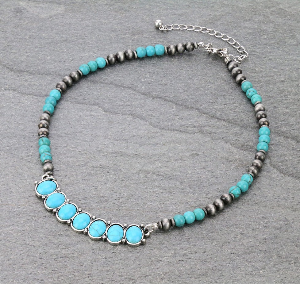 Vivi Fashion Curved Stone Pendant Navajo Necklace - Turquoise