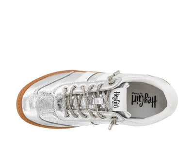 Silver sneaker with brand logo on a white background