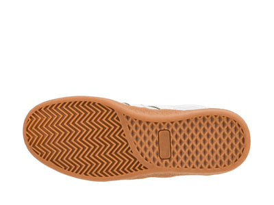 A top-down view of a shoe's sole, showing a tan and brown herringbone tread pattern on a white background.