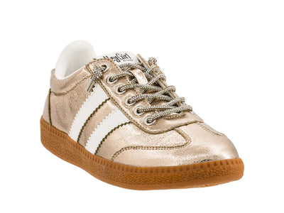 Gold and white sneaker with brown sole on a white background
