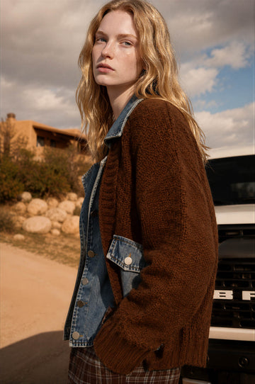 Brown or Navy Cable Knit Denim Trim Cardigan