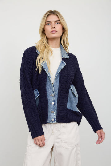Brown or Navy Cable Knit Denim Trim Cardigan