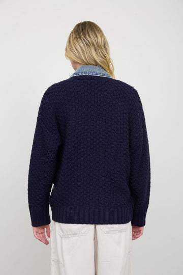 Brown or Navy Cable Knit Denim Trim Cardigan
