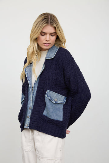Brown or Navy Cable Knit Denim Trim Cardigan