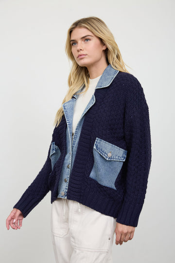 Brown or Navy Cable Knit Denim Trim Cardigan