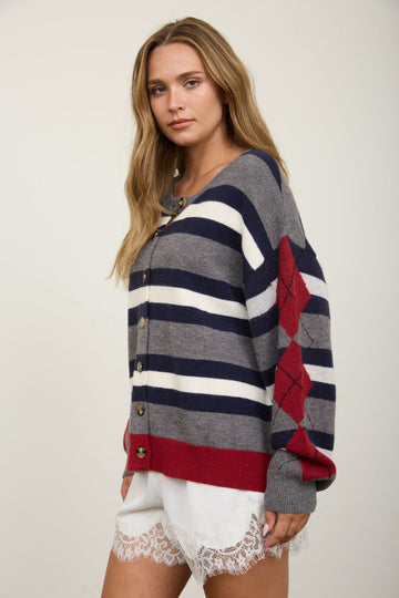 STRIPE ARGYLE SLEEVE PATTERN KNIT CARDIGAN SWEATER