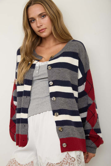 STRIPE ARGYLE SLEEVE PATTERN KNIT CARDIGAN SWEATER