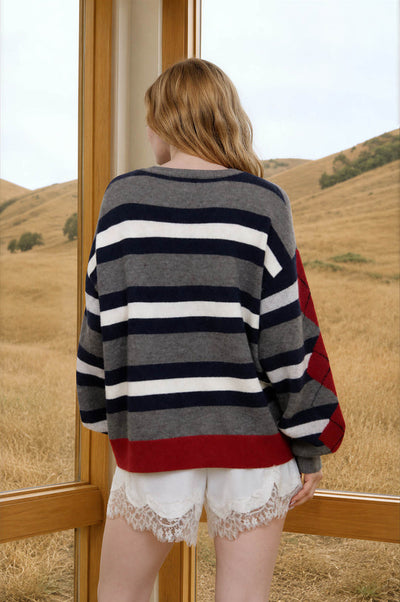 STRIPE ARGYLE SLEEVE PATTERN KNIT CARDIGAN SWEATER