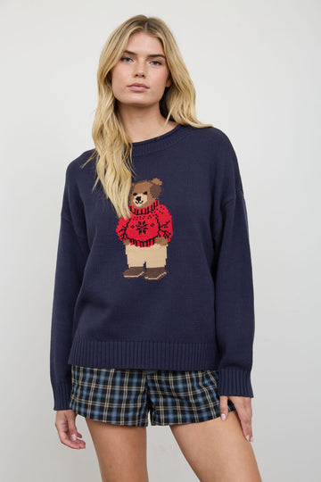 TEDDY BEAR CREW NECK INTARSIA KNIT SWEATER