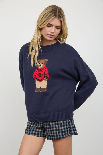 TEDDY BEAR CREW NECK INTARSIA KNIT SWEATER