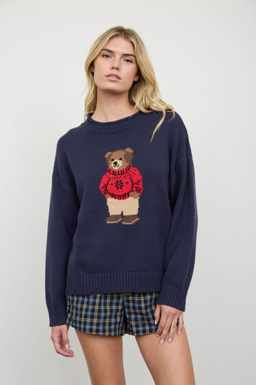 TEDDY BEAR CREW NECK INTARSIA KNIT SWEATER