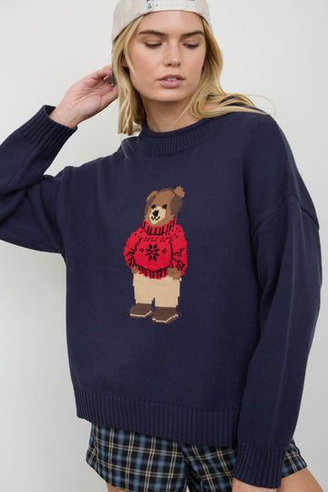 TEDDY BEAR CREW NECK INTARSIA KNIT SWEATER